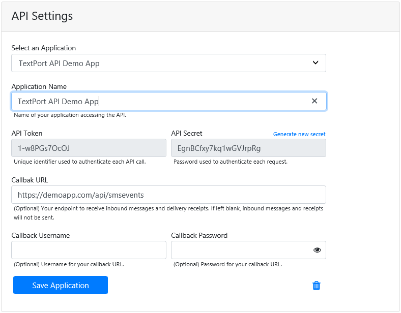 API settings page