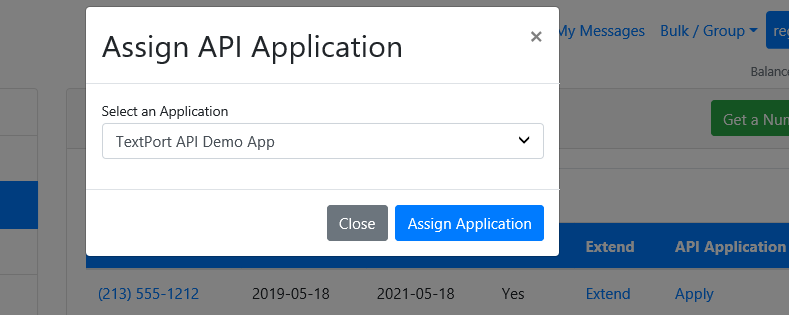 API assign application dialog