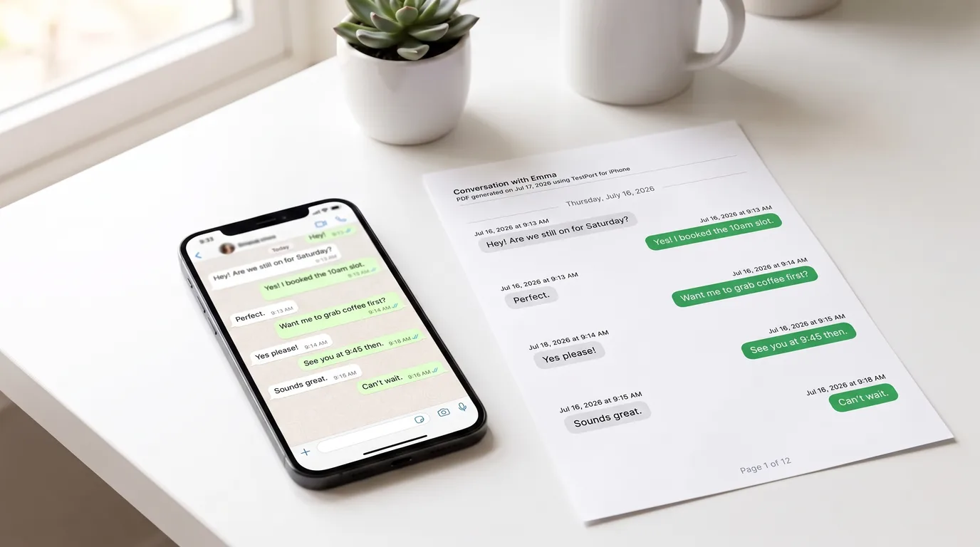 An iPhone showing an open green-bubble WhatsApp chat lying beside a clean exported PDF of the same conversation on a bright white desk.