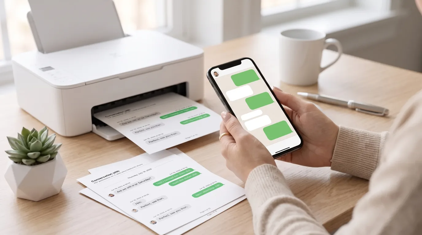 An iPhone showing a green-bubble WhatsApp chat beside a printer feeding out a neatly formatted printed message transcript.