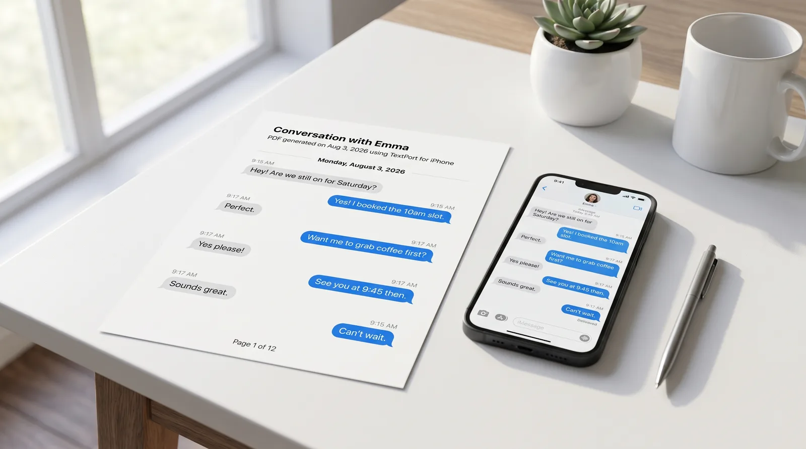 An iPhone on a bright white desk showing a blue-bubble iMessage conversation beside a printed PDF export of the same chat.
