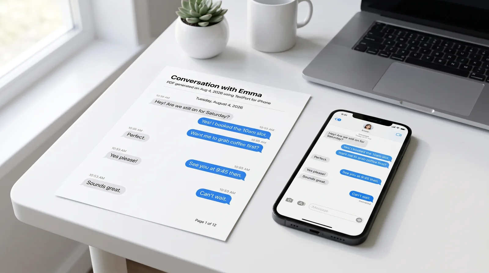 An iPhone showing an iMessage thread on a white desk beside a laptop and a printed PDF export of the same conversation.