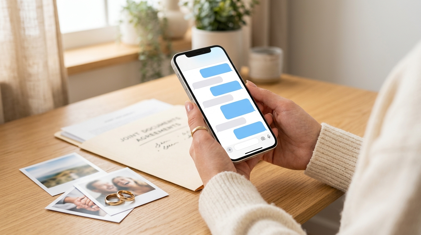 A person reads a message conversation on an iPhone next to wedding rings, printed couple photos, and a folder of joint documents.