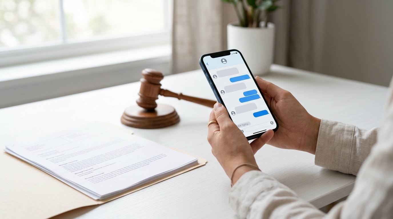 A person reviews a text message conversation on an iPhone beside a printed message transcript and a judge's gavel.