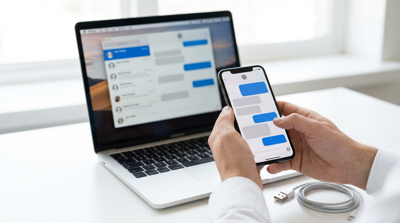 An iPhone showing a message conversation next to a laptop running a desktop message-export app, with a USB cable on the desk.