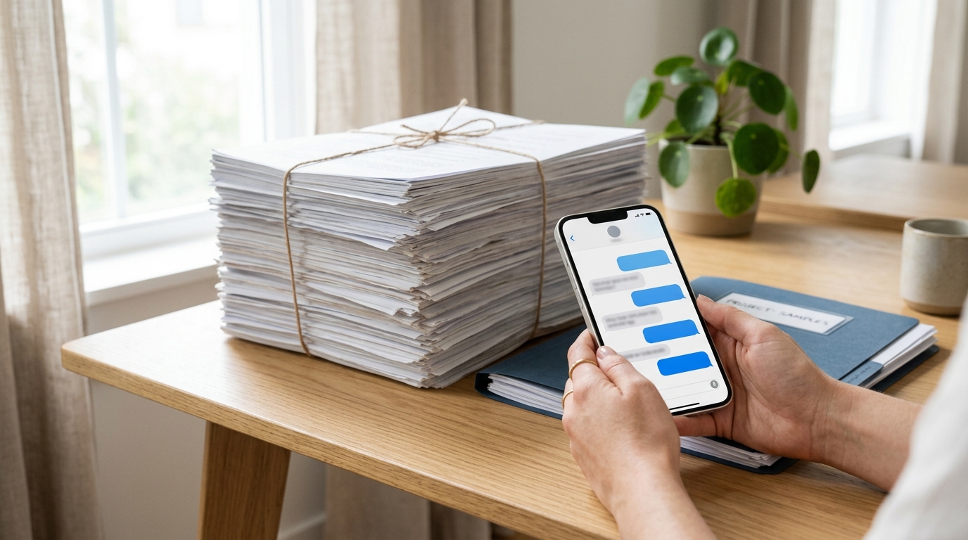 An iPhone showing a text conversation held beside a tall bundled stack of printed pages and a slim folder with a curated sample.