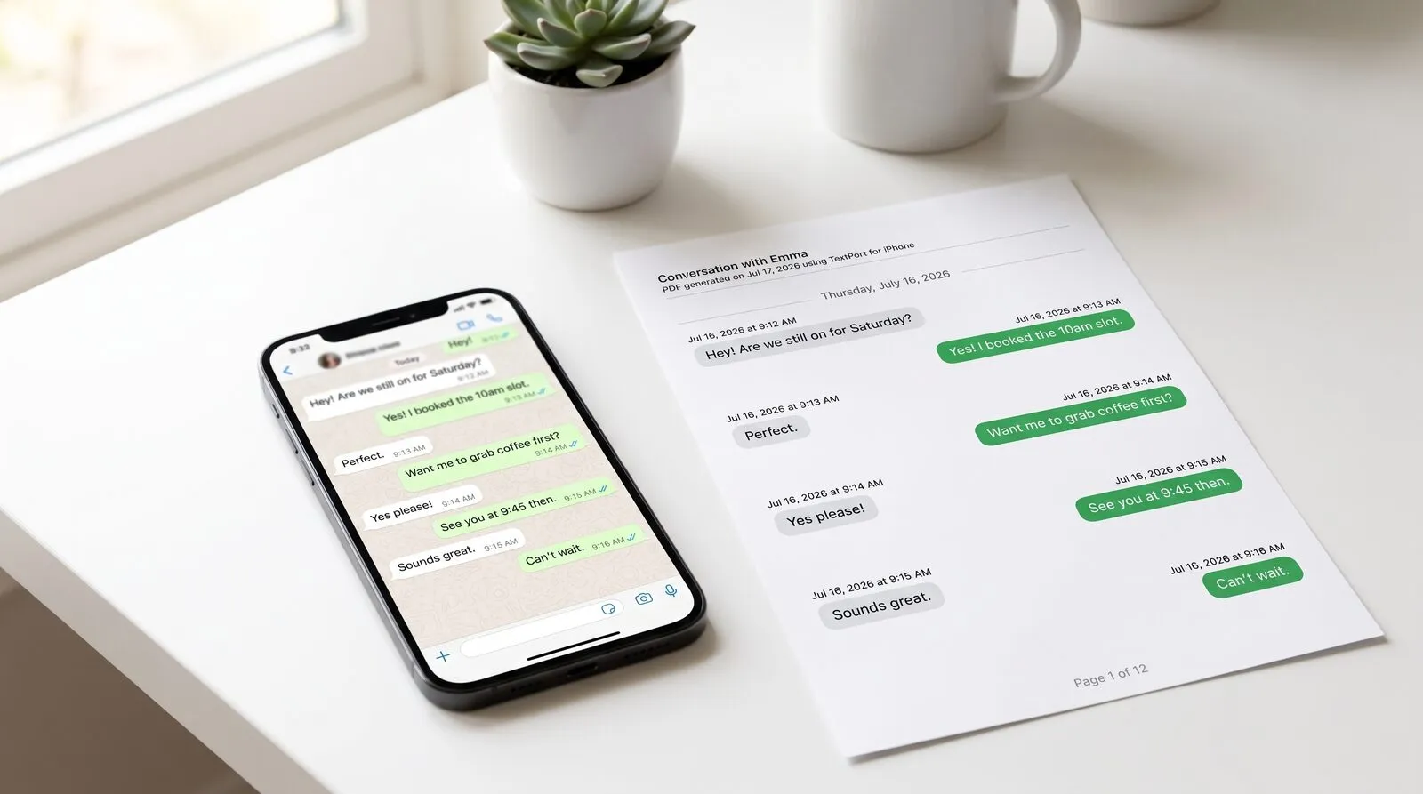 Ein iPhone mit einer WhatsApp-Unterhaltung auf einem hellen Schreibtisch, daneben ein sauber formatierter TextPort-PDF-Export desselben Chats.