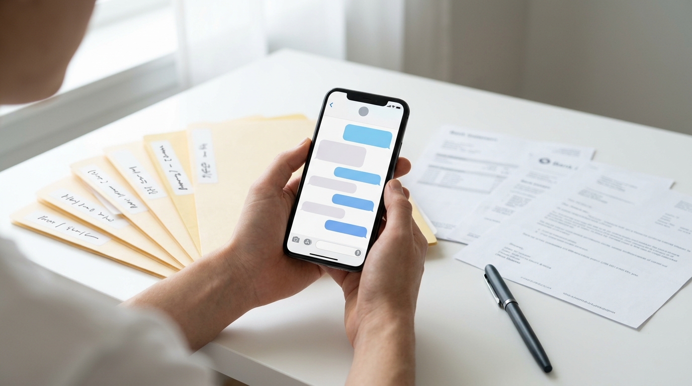 A person holds an iPhone showing a message thread beside labeled manila folders, bank statements, and a pen arranged as an evidence packet.