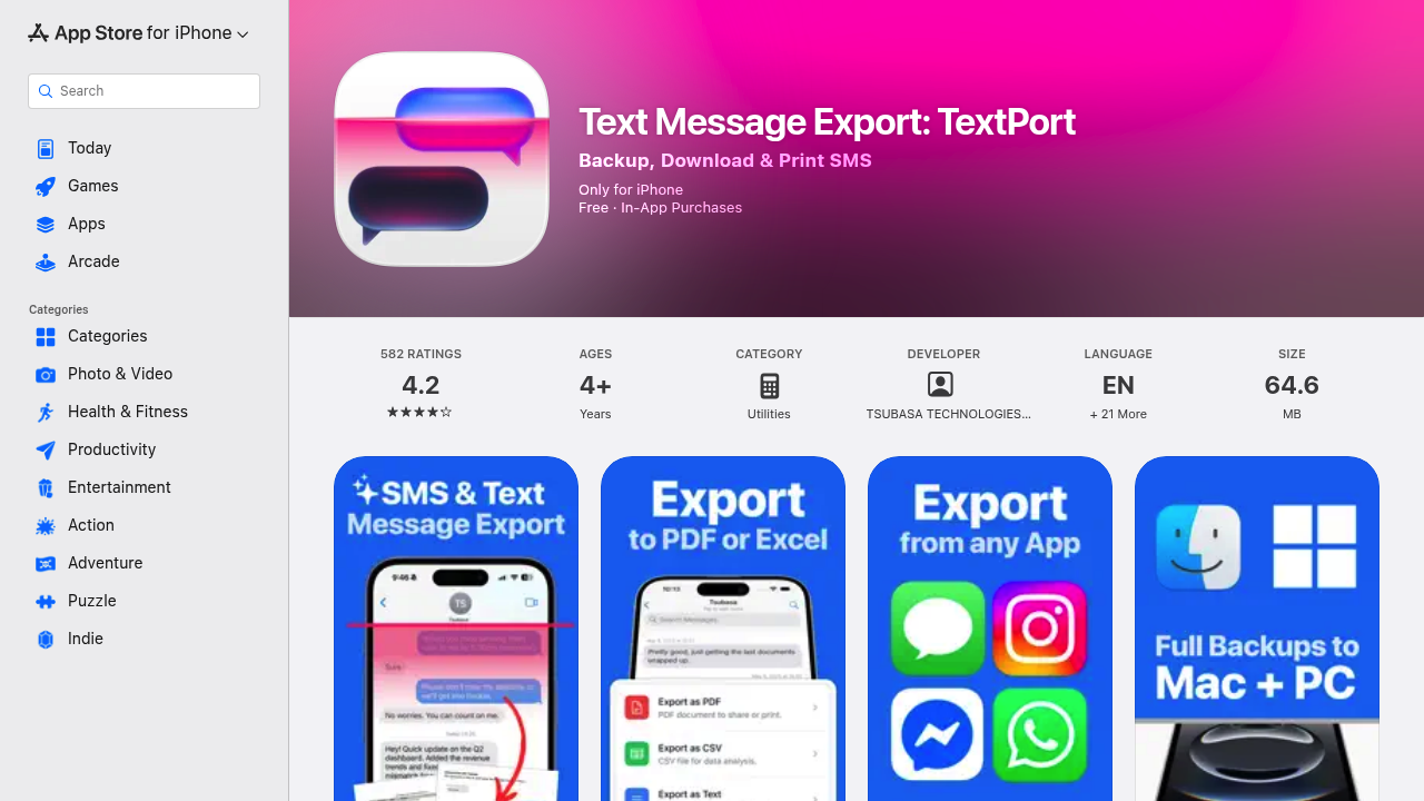 Screenshot von https://apps.apple.com/us/app/text-message-export-textport/id6745645676