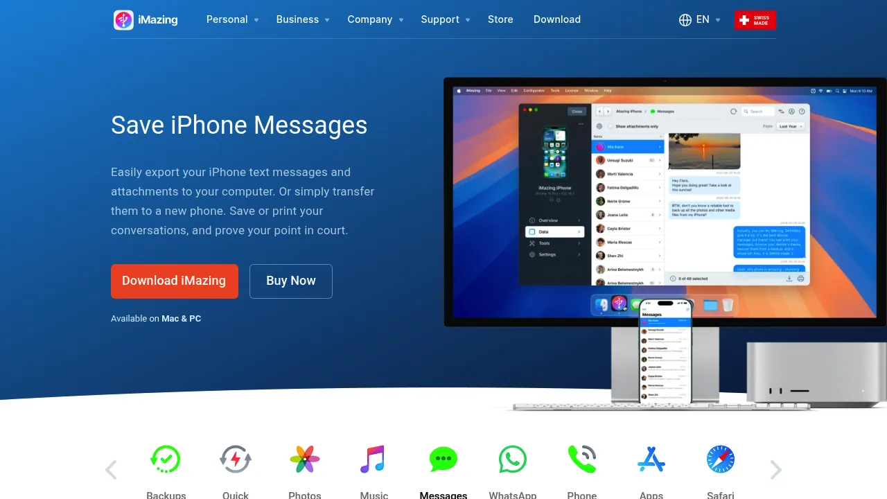 Screenshot of https://imazing.com/transfer-iphone-text-messages-to-computer