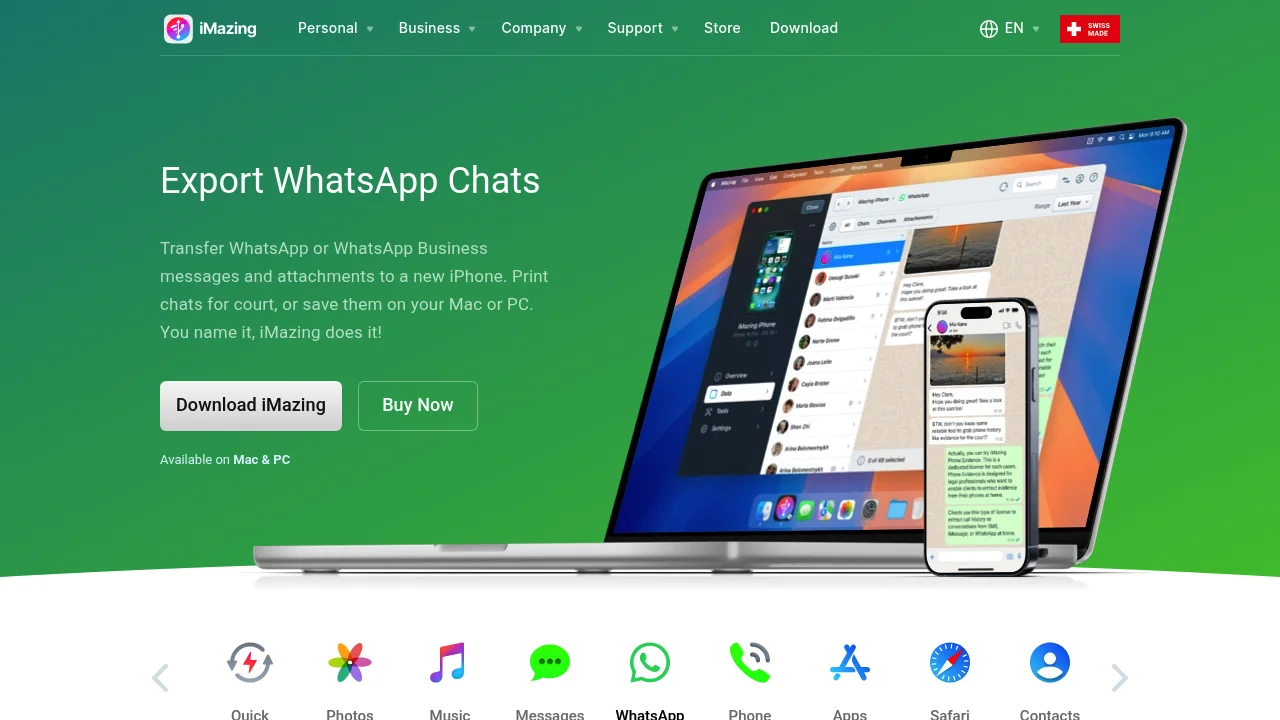 Screenshot of https://imazing.com/print-and-export-iphone-whatsapp-chats