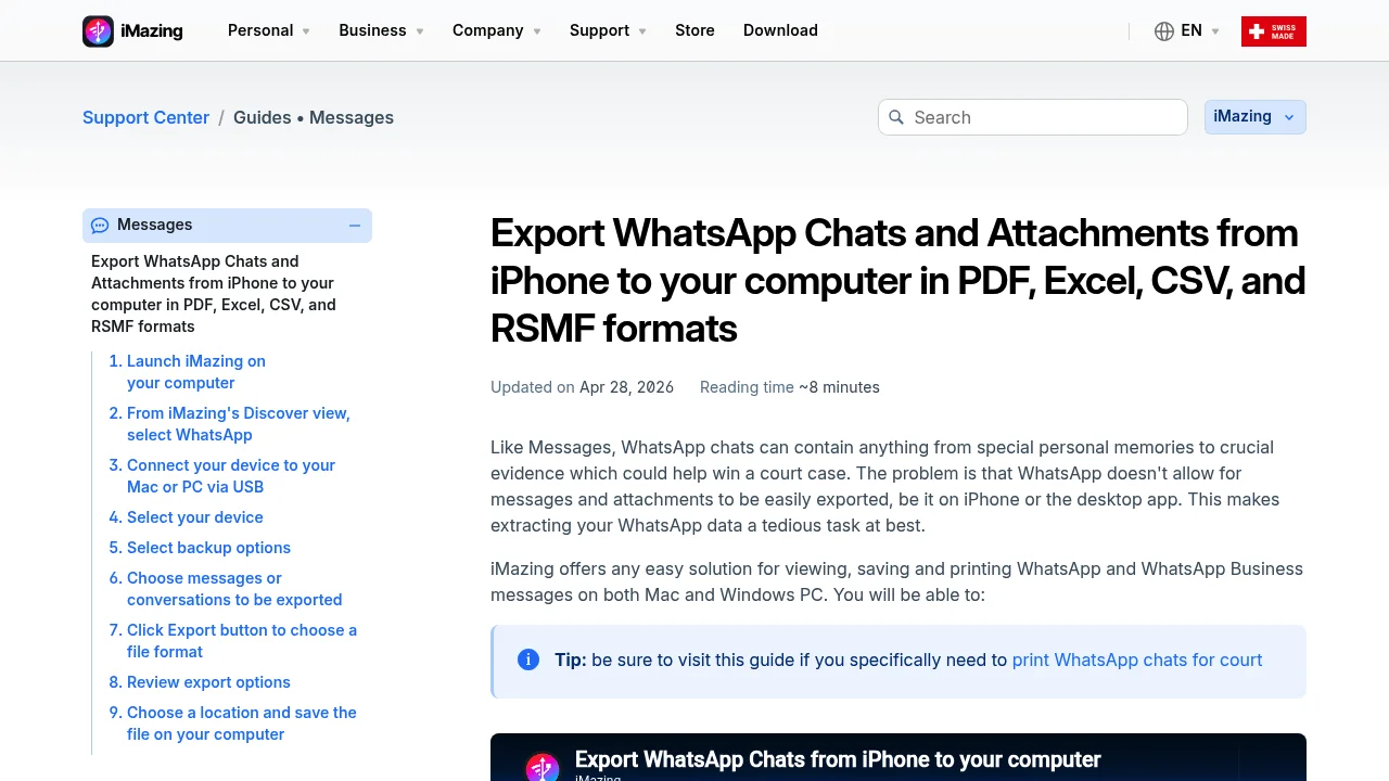 Screenshot of https://imazing.com/guides/how-to-export-whatsapp-chats-from-iphone-to-your-computer-as-pdf-excel-csv-or-rsmf
