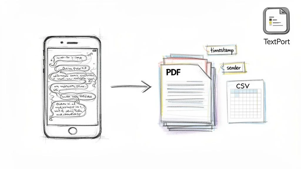 Ein Smartphone wandelt Nachrichten in organisierte PDF- und CSV-Dateien um – mit TextPort werden Zeitstempel und Absenderdaten extrahiert.