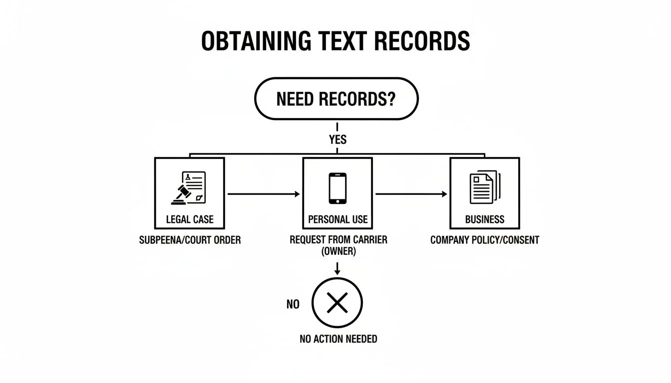 Flussdiagramm, wie man Textnachrichten-Belege für juristische, private oder geschäftliche Zwecke beschafft.