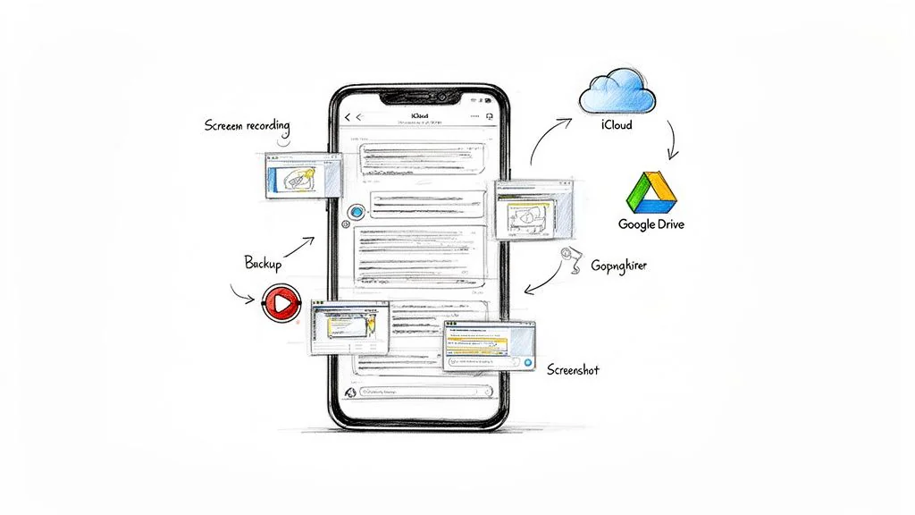 Skizze eines Smartphones mit Nachrichten-Protokoll und Funktionen wie Bildschirmaufnahme, Backup und Cloud-Speicher.