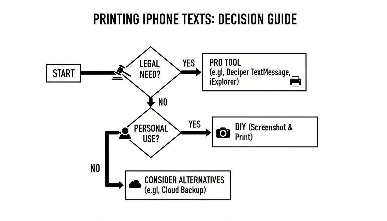 Organigramme guidant les utilisateurs sur la façon d'imprimer des messages texte d'un iPhone selon les besoins juridiques ou personnels.
