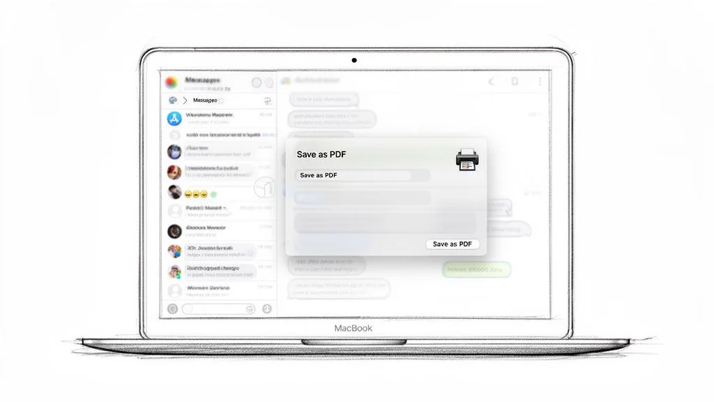 Croquis d'un MacBook affichant une application de messagerie avec une boîte de dialogue d'impression « Enregistrer en PDF » en superposition.