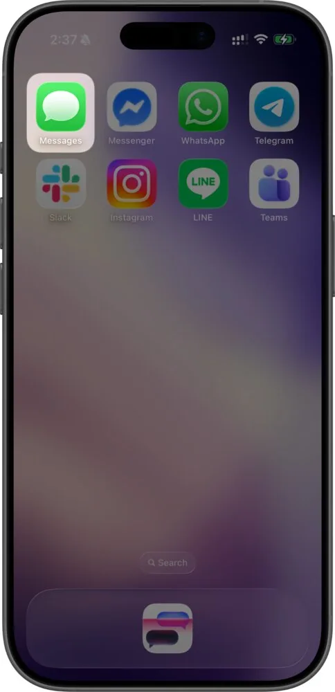 An iPhone Home Screen with the Messages app highlighted among other messaging apps.
