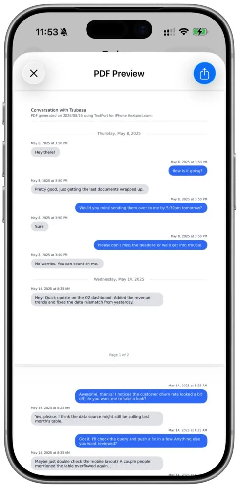 TextPort's PDF Preview screen showing the rebuilt conversation with sender names, per-message timestamps, and page numbers.