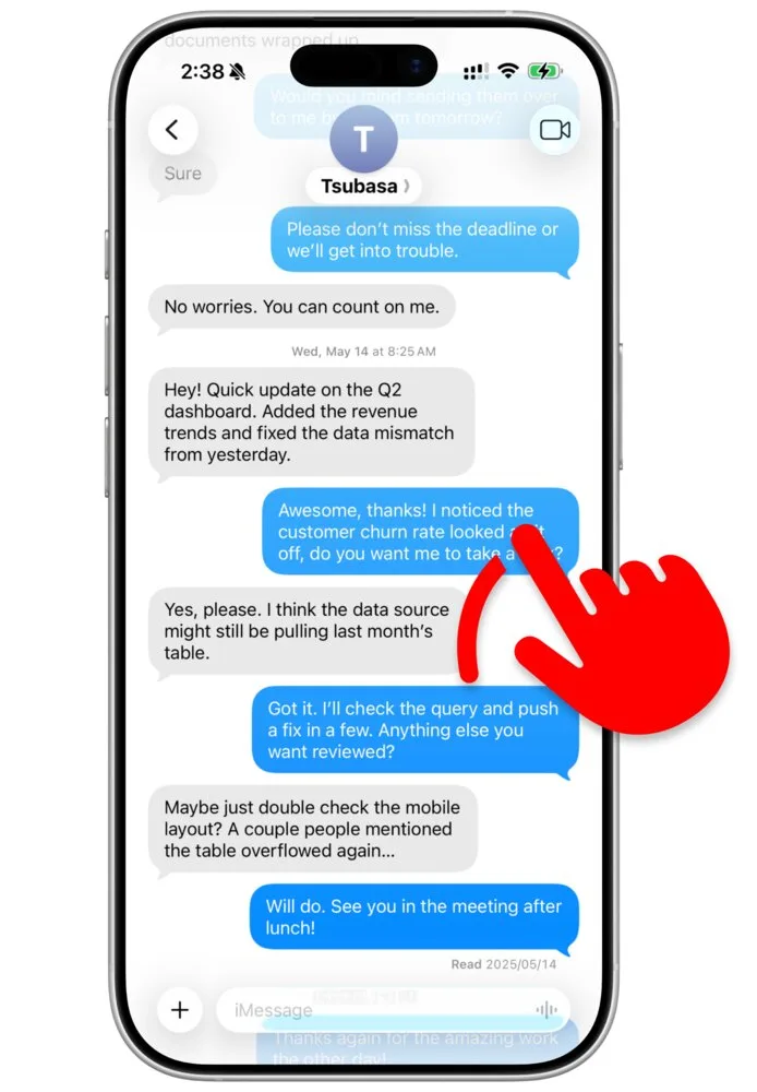 An iMessage conversation being scrolled during a screen recording, with a tap indicator on the screen.