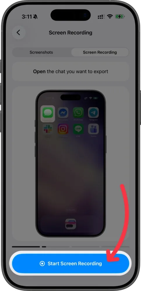 The TextPort import screen with the Screen Recording tab selected and the Start Screen Recording button highlighted.