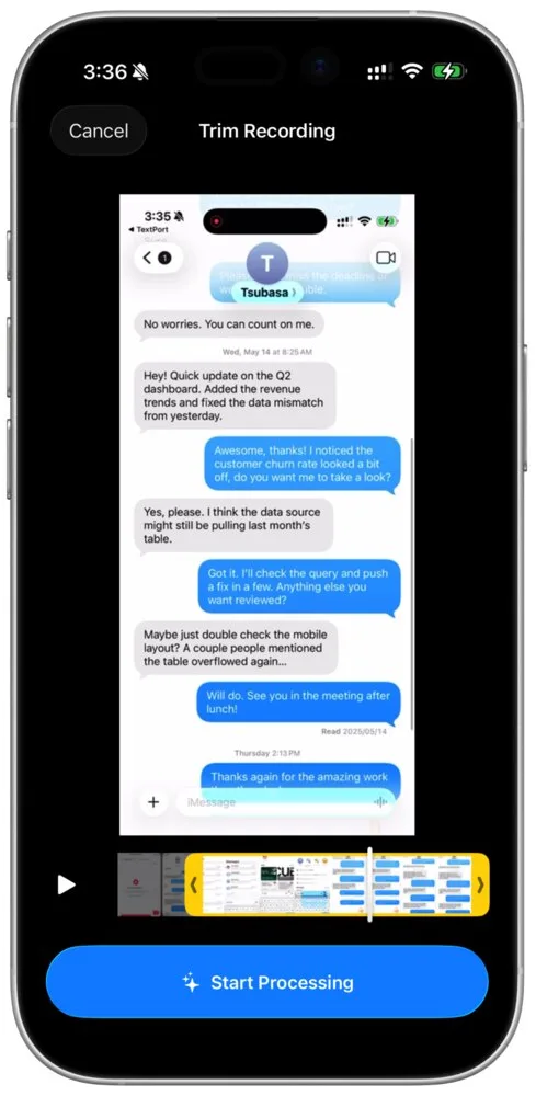TextPort's Trim Recording screen showing the captured conversation with a Start Processing button.