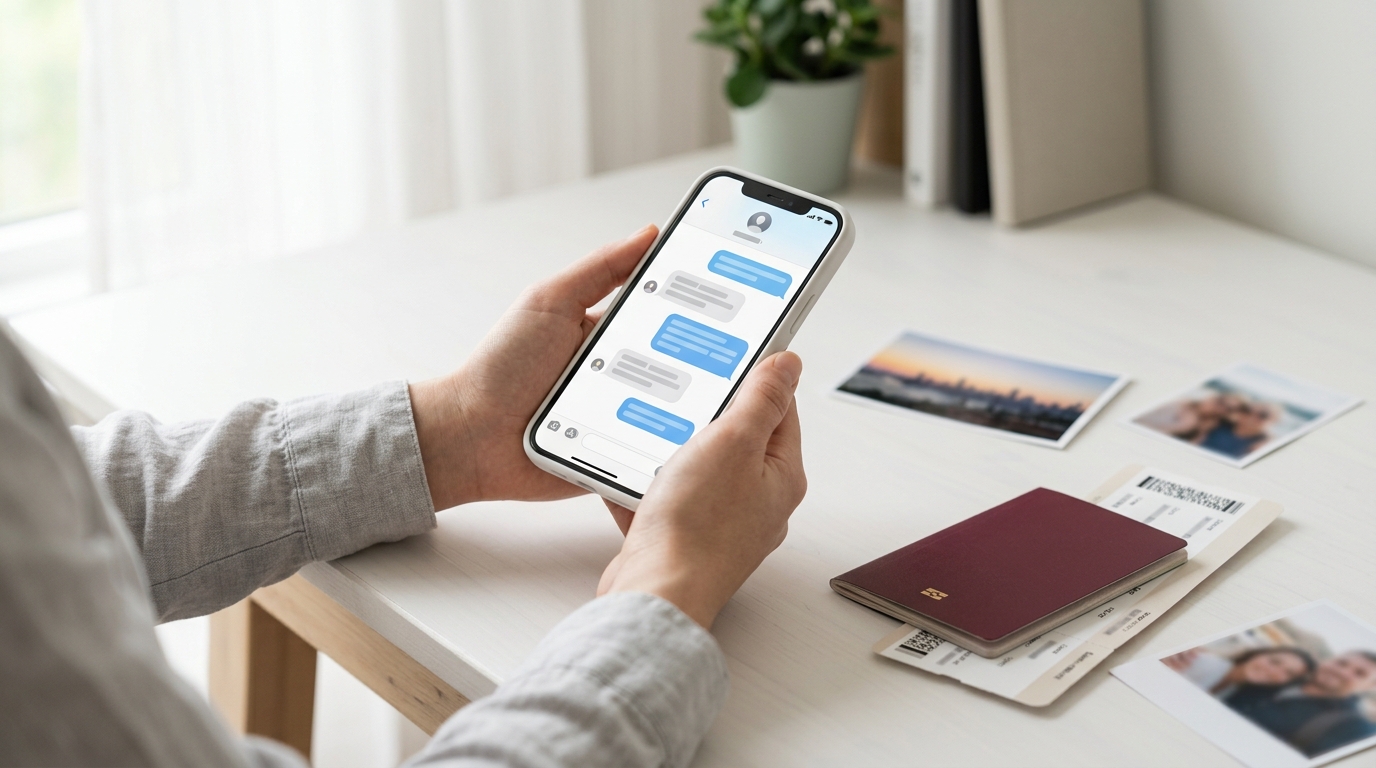 A person holds an iPhone showing a message conversation near a passport, a boarding pass, and printed travel photos.