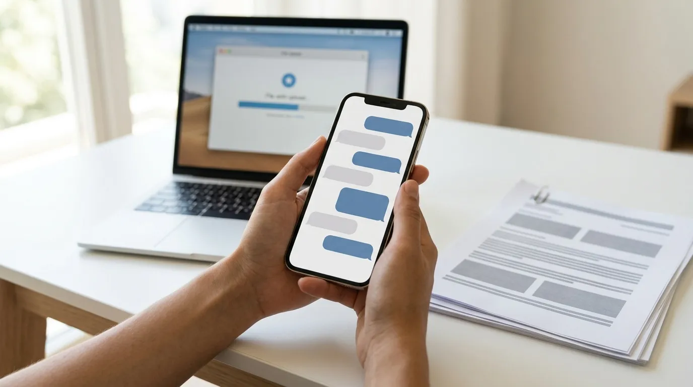 A person holds an iPhone showing a text conversation while a laptop displays a file upload in progress next to printed exhibit pages.