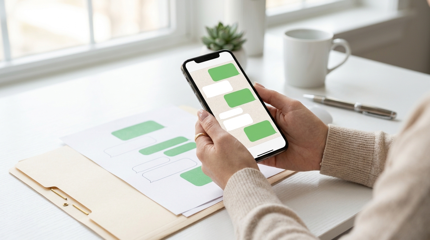 A person holds an iPhone showing a green-bubble chat beside printed pages of the same conversation and a manila folder.