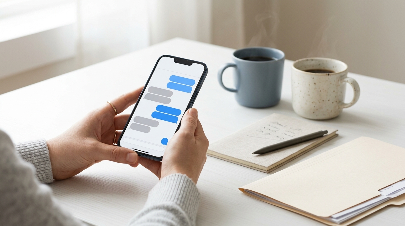 A person reads a message conversation on an iPhone next to two coffee cups, a notepad, and a folder of documents.