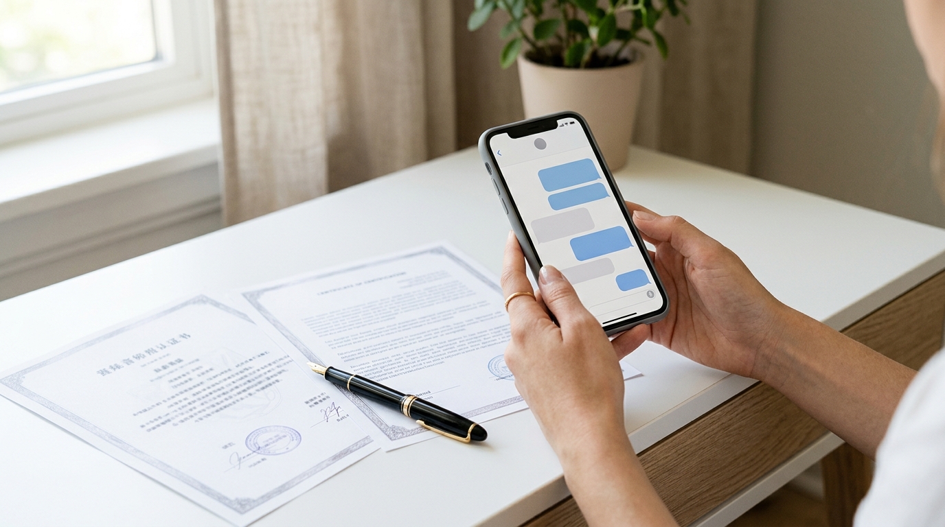 An iPhone showing a message conversation held above a foreign-language document and its certified English translation with a fountain pen.