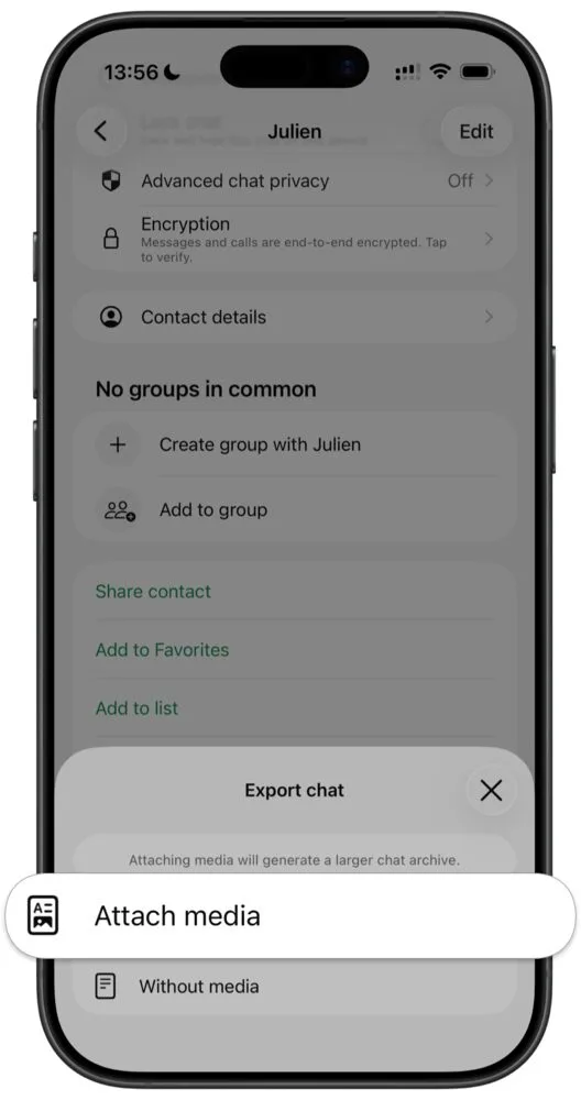 Die Export-Abfrage von WhatsApp mit hervorgehobener Option „Mit Medien“.