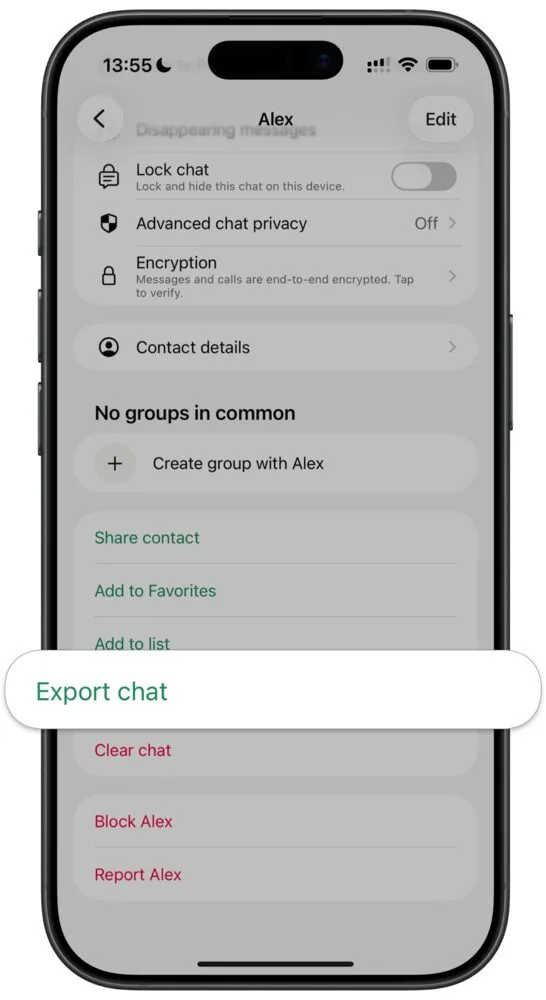 WhatsApps kontaktinfo-skærm med muligheden Eksportér chat fremhævet.