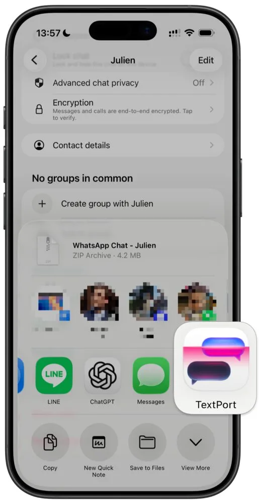 Delingsmenuen i iOS med TextPort-appen fremhævet som destination for WhatsApp-eksporten.