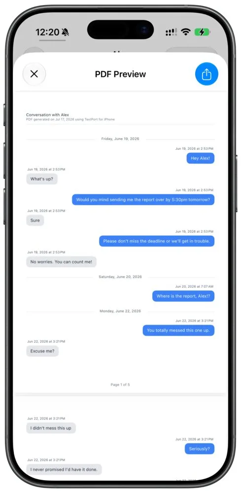 TextPorts PDF-forhåndsvisning med den genopbyggede WhatsApp-samtale med afsendernavne, tidsstempler pr. besked og sidetal.