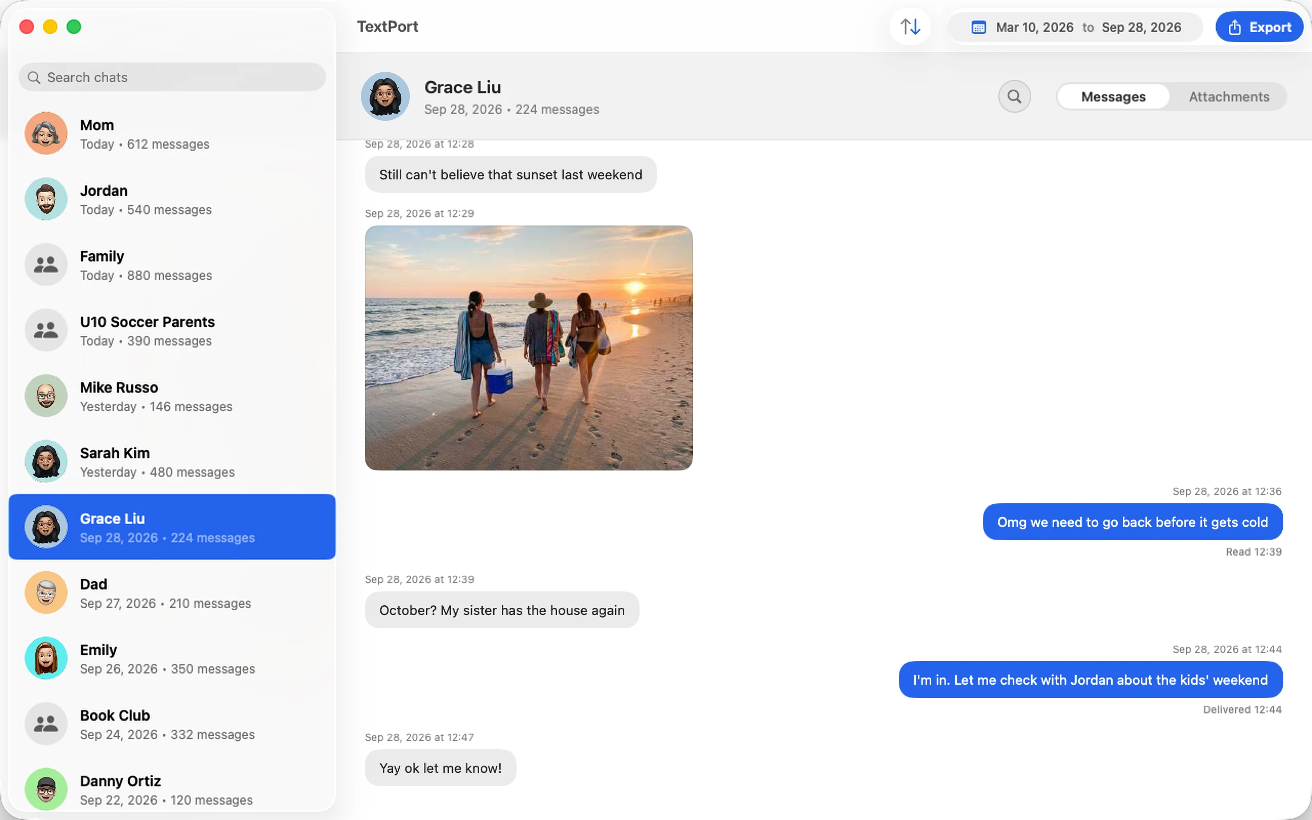 TextPort for Mac showing a list of conversations and an open iMessage chat with photos and timestamps.