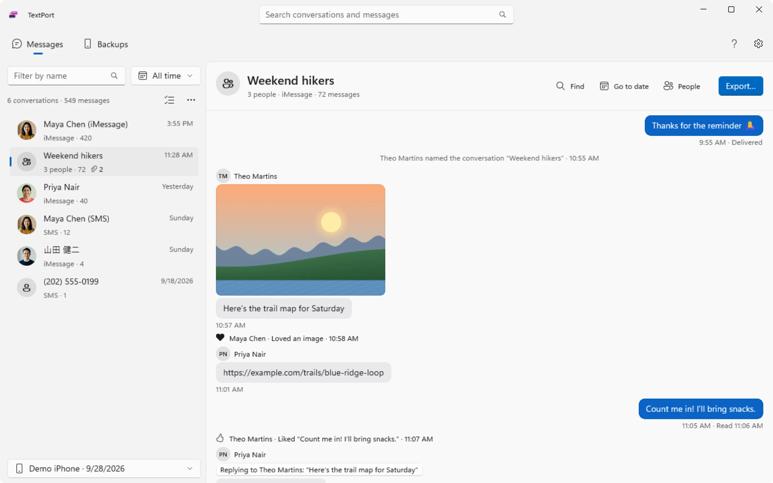 TextPort for Windows showing iMessage and SMS conversations from an iPhone backup, with an Export button.