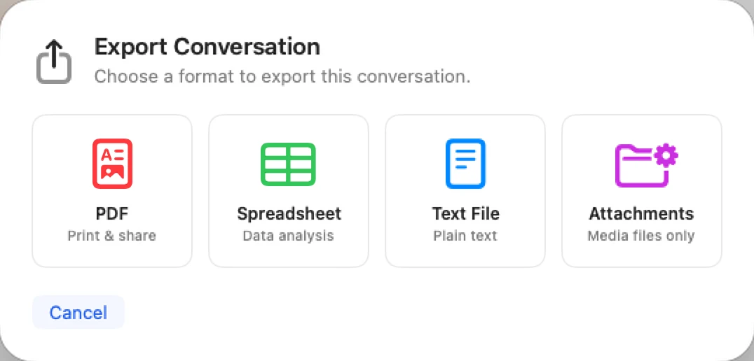Export options in TextPort for Mac: PDF, CSV, text and attachments