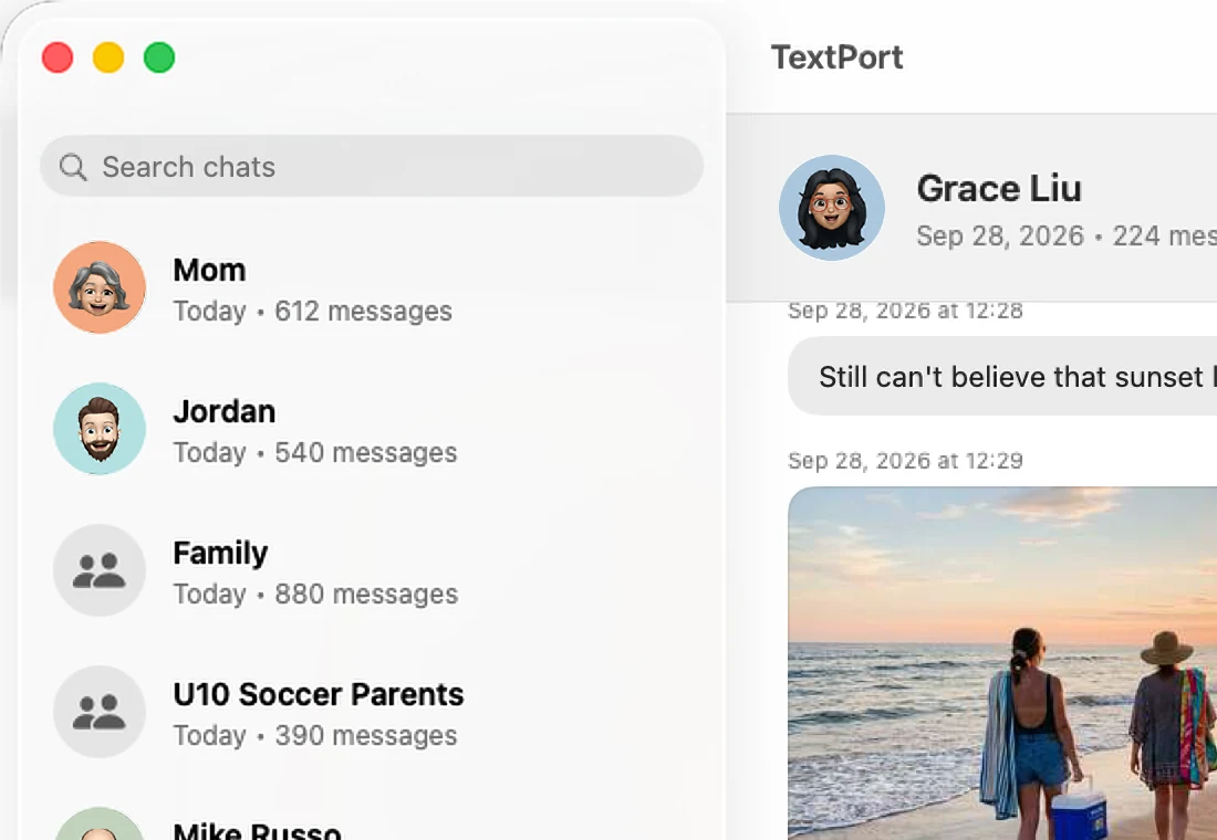 List of every iMessage and SMS chat in TextPort for Mac