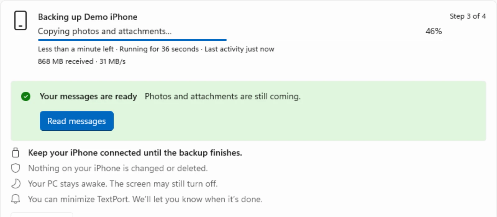 Reading iPhone messages on a PC while the backup runs