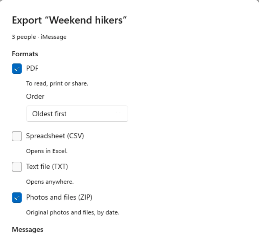 Export iPhone text messages to PDF, CSV or text on Windows