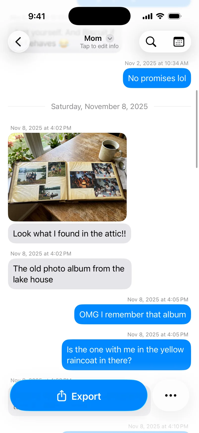 The chat with Mom. The photo of the old album now shows above Mom's message