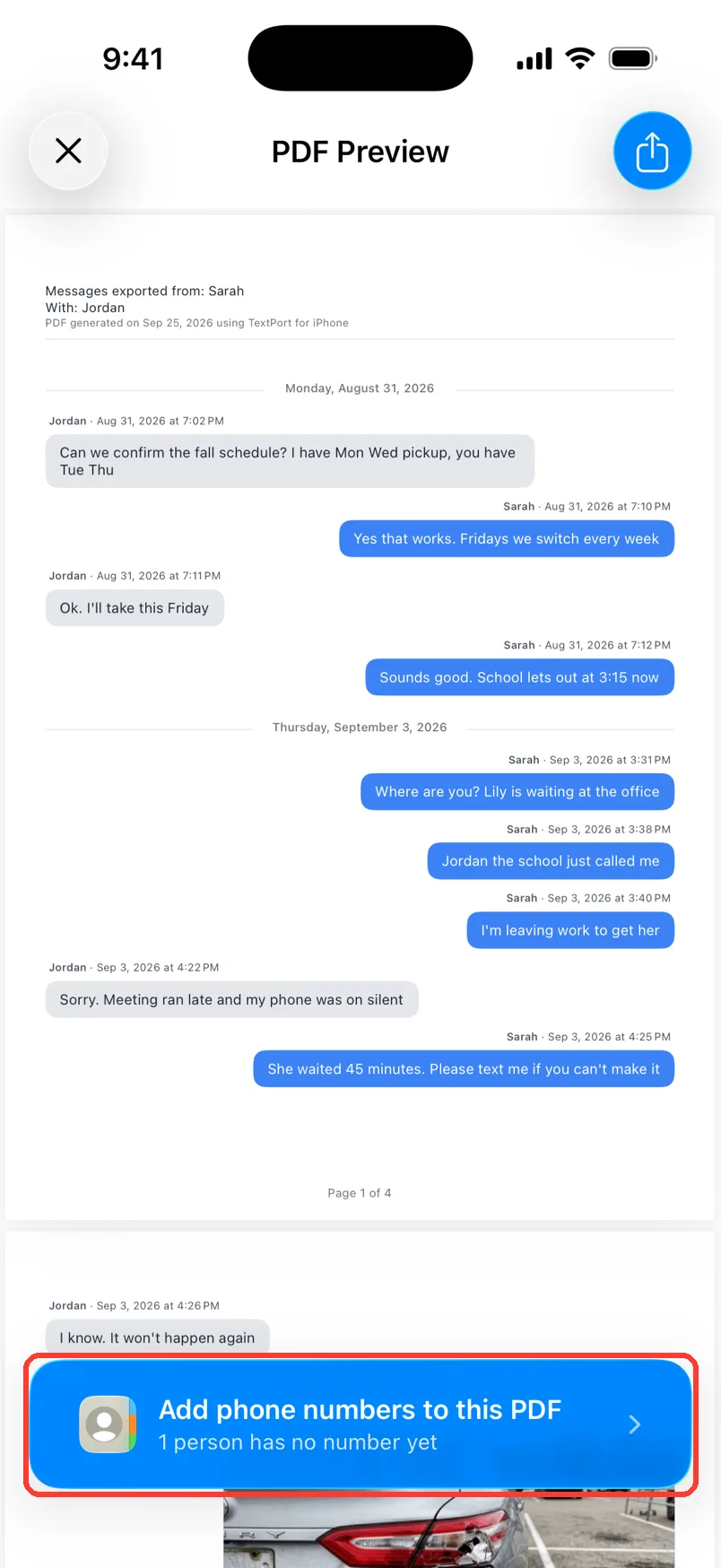 The PDF Preview of the chat with Jordan, with the Add phone numbers to this PDF bar highlighted
