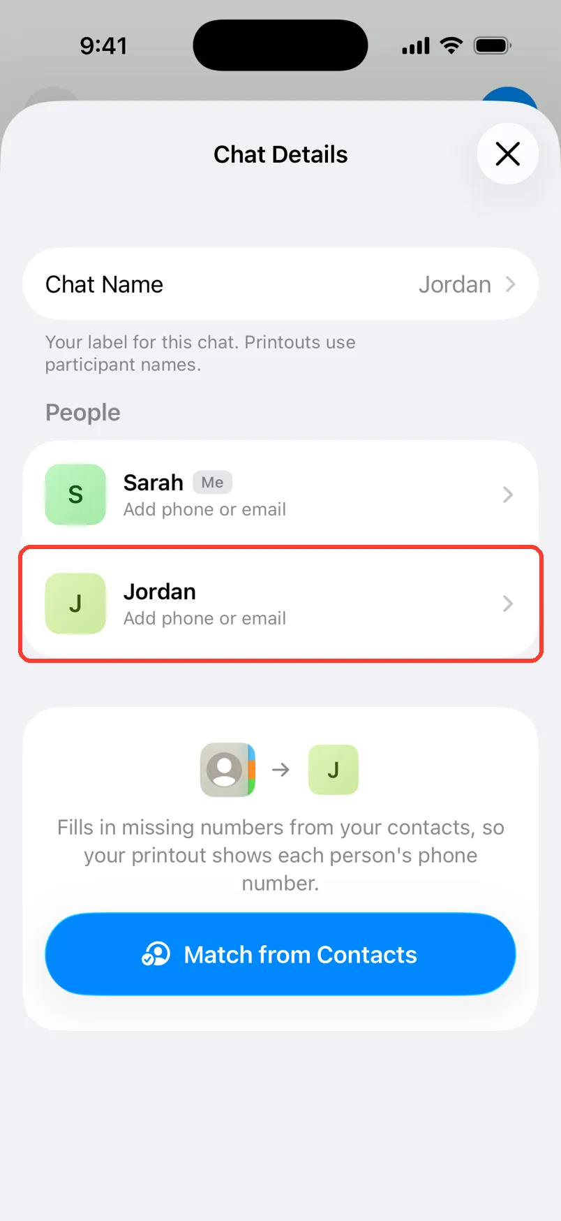 Chat Details with Sarah and Jordan. Jordan says Add phone or email and is highlighted