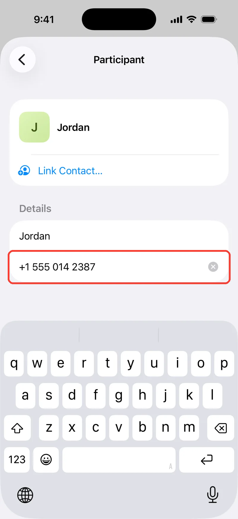 The Participant screen for Jordan with +1 555 014 2387 typed in