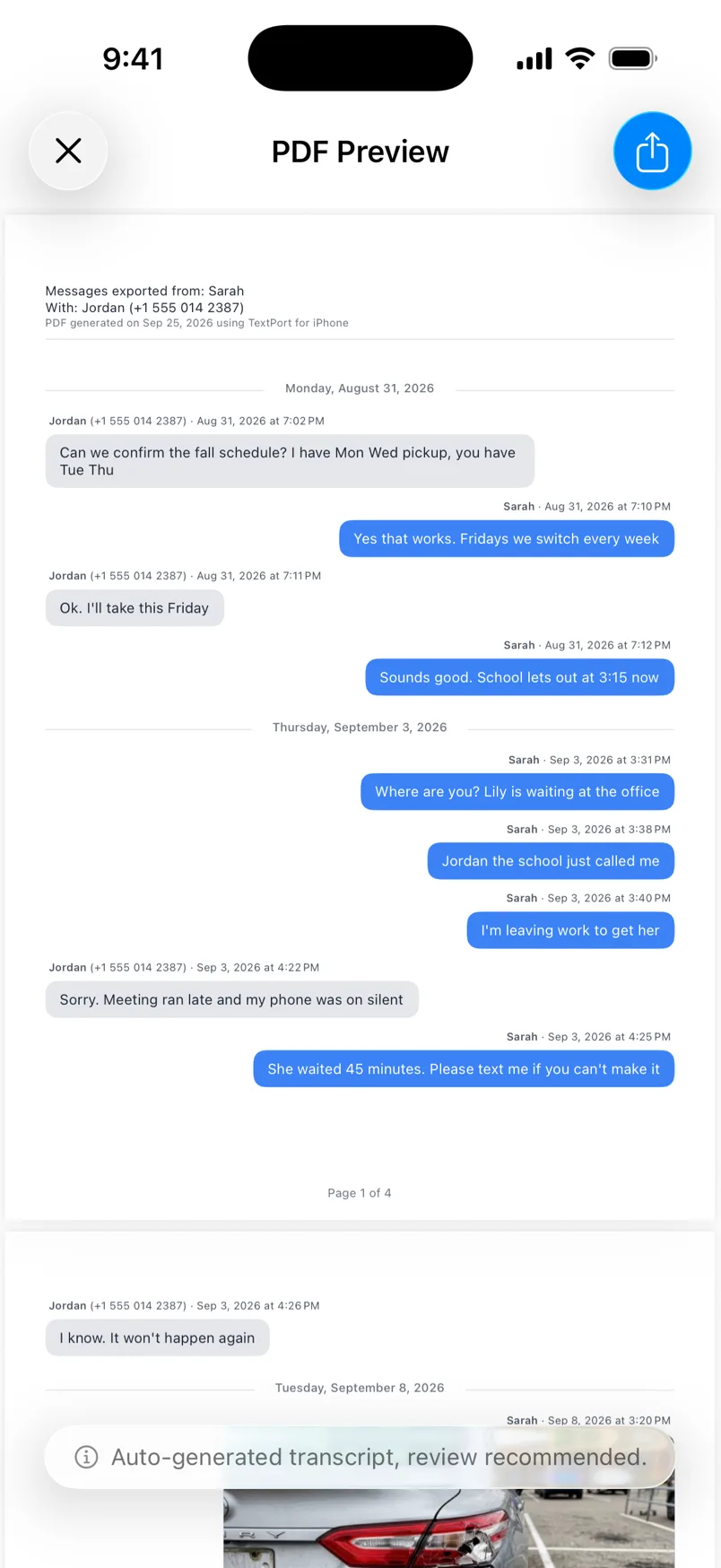 The PDF Preview showing Jordan (+1 555 014 2387) at the top and on every message from Jordan