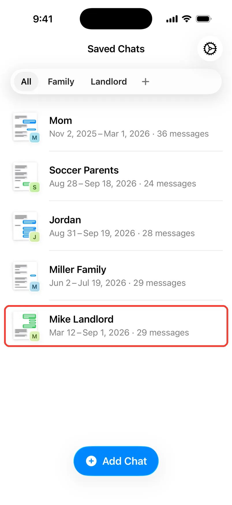 Saved Chats with the Mike Landlord chat highlighted