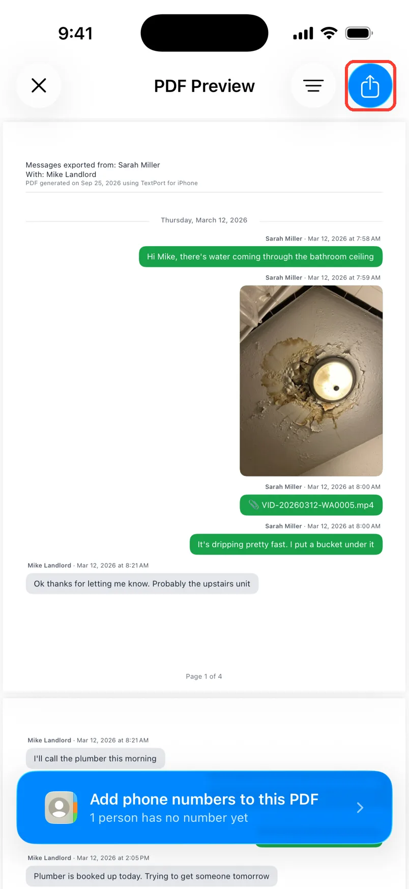 The PDF Preview of the Mike Landlord chat, with the Share button highlighted