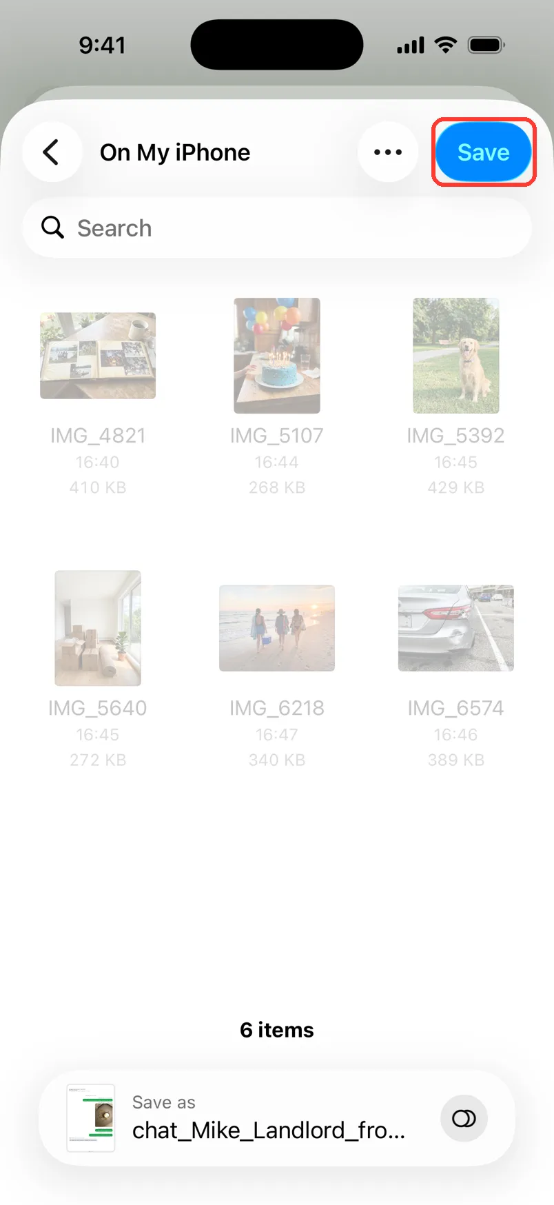The Files save window with the PDF at the bottom and the Save button highlighted