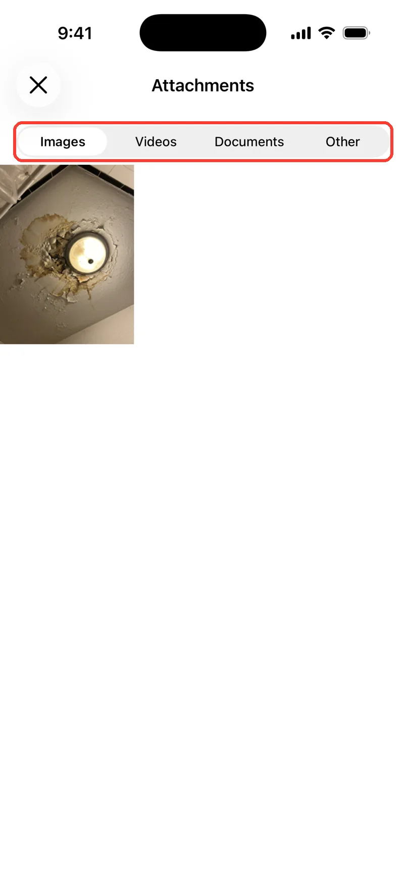 The Attachments screen with the Images, Videos, Documents, and Other tabs highlighted